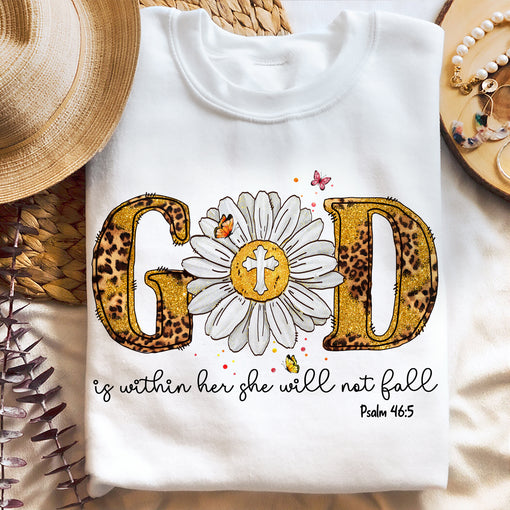 Sandjest Christian T-Shirt God Is Within Her She Will Not Fall Leopard Style Gift for Jesus Lover Bible Lovers