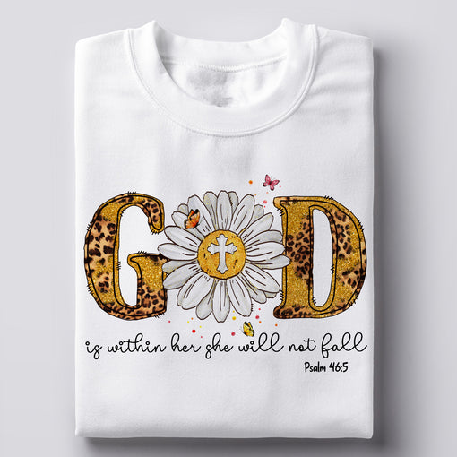 Sandjest Christian T-Shirt God Is Within Her She Will Not Fall Leopard Style Gift for Jesus Lover Bible Lovers