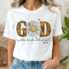 Sandjest Christian T-Shirt God Is Within Her She Will Not Fall Leopard Style Gift for Jesus Lover Bible Lovers