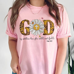 Sandjest Christian T-Shirt God Is Within Her She Will Not Fall Leopard Style Gift for Jesus Lover Bible Lovers