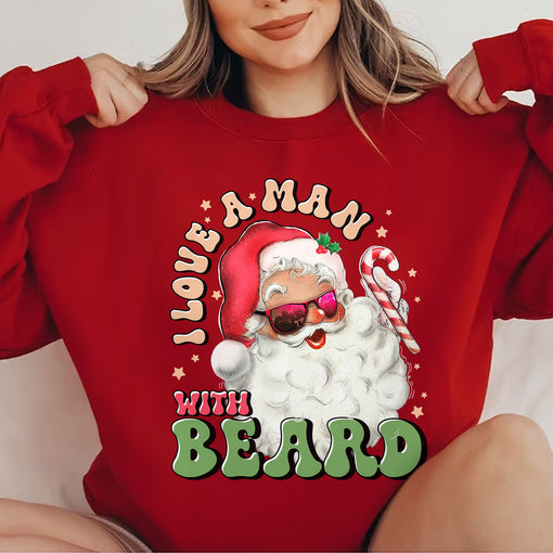 Sandjest I Love a Man With A Beard Santa Tshirt, Funny Santa Beard Shirt, Cute Christmas for Women, Graphic Christmas Tee, Santa Xmas