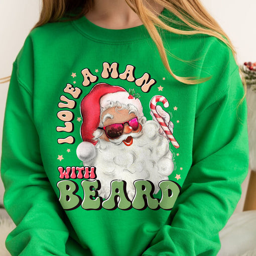 Sandjest I Love a Man With A Beard Santa Tshirt, Funny Santa Beard Shirt, Cute Christmas for Women, Graphic Christmas Tee, Santa Xmas