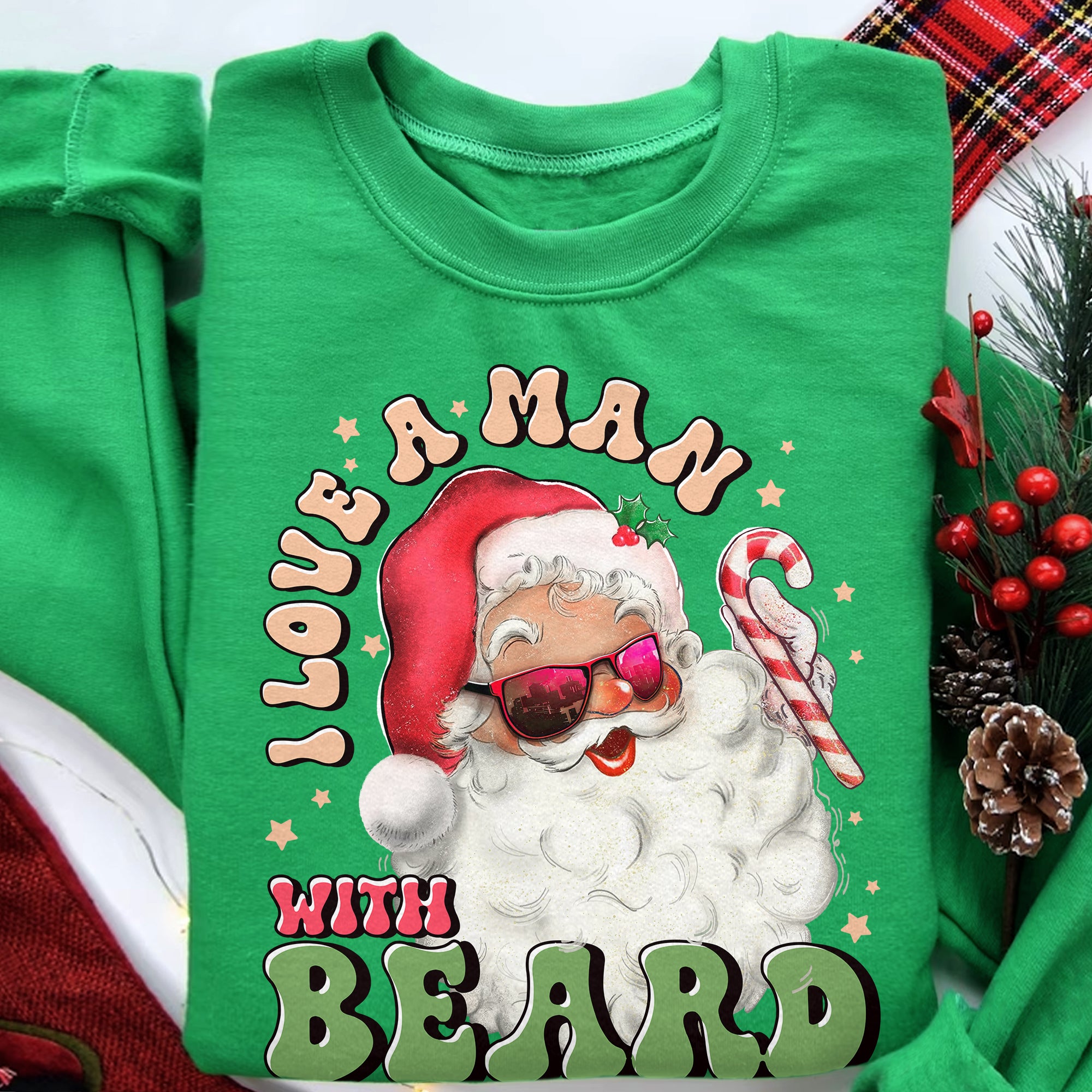 Sandjest I Love a Man With A Beard Santa Sweatshirt, Funny Santa Beard Shirt, Cute Christmas for Women, Graphic Christmas Tee, Santa Xmas