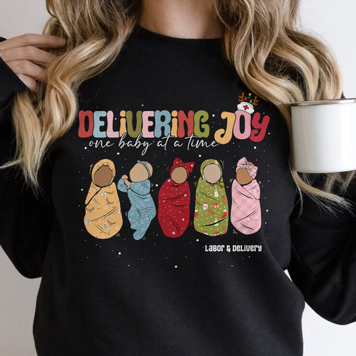 Sandjest Delivering Joy Labor and Delivery Christmas Shirt, L&d Nurse Christmas T-Shirt, Holiday Labor Nurse Gift, L&d Nurse Gift