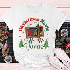 Sandjest Funny Christmas Retro Graphic Tee, Groovy Vintage Christmas Shirt, Christmas Movie Junkie Sweatshirt, Trendy Holiday Apparel Xmas Gift