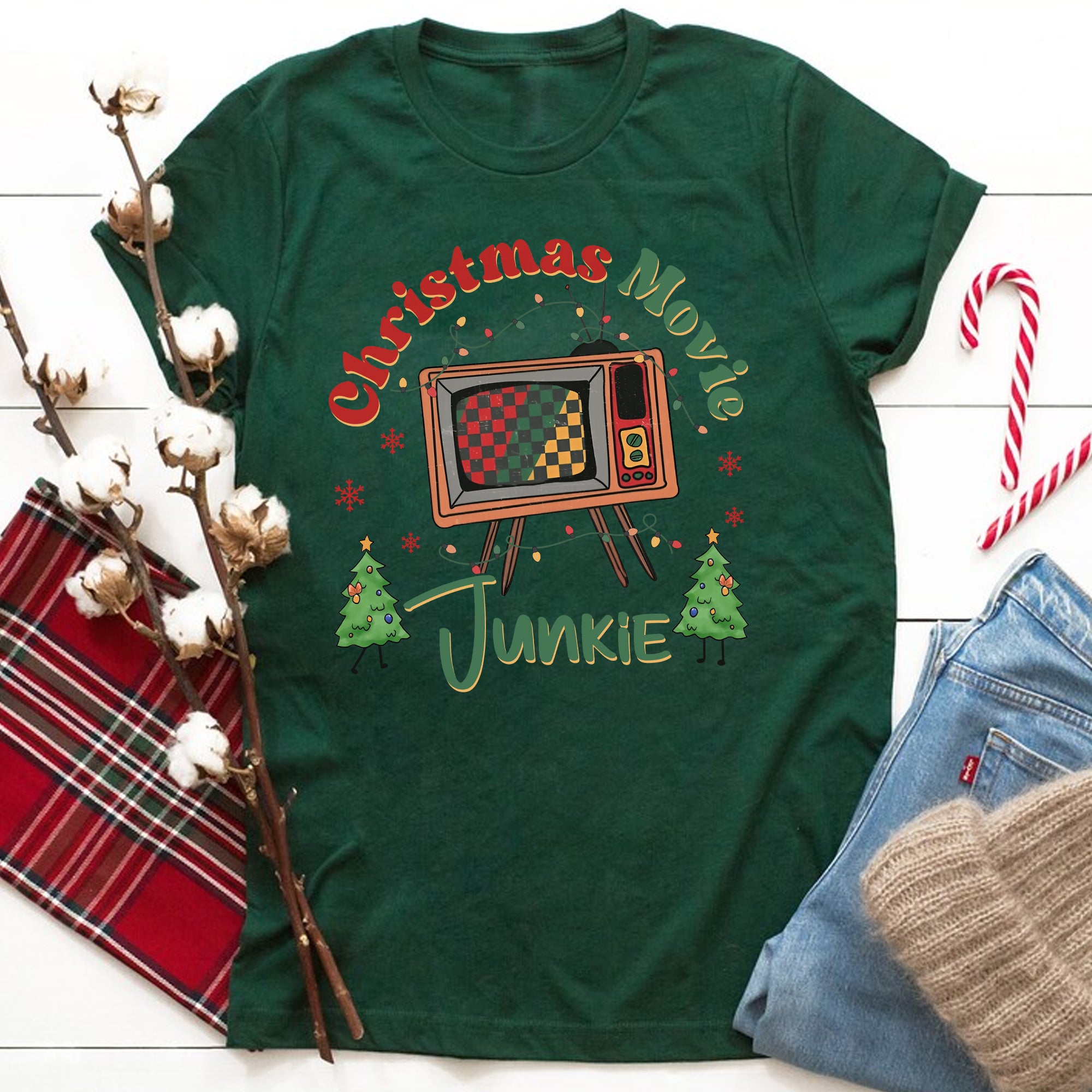 Sandjest Funny Christmas Retro Graphic Tee, Groovy Vintage Christmas Shirt, Christmas Movie Junkie Sweatshirt, Trendy Holiday Apparel Xmas Gift