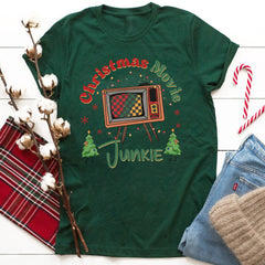 Sandjest Funny Christmas Retro Graphic Tee, Groovy Vintage Christmas Shirt, Christmas Movie Junkie Sweatshirt, Trendy Holiday Apparel Xmas Gift