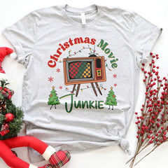 Sandjest Funny Christmas Retro Graphic Tee, Groovy Vintage Christmas Shirt, Christmas Movie Junkie Sweatshirt, Trendy Holiday Apparel Xmas Gift