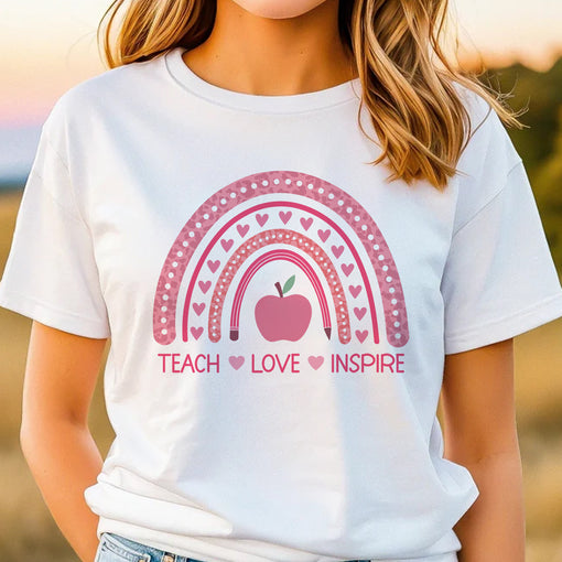 Sandjest Cute T-Shirt Teach Love Inspire Heart Pink Rainbow Gift for Teachers