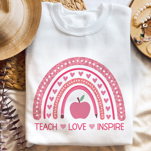 Sandjest Cute T-Shirt Teach Love Inspire Heart Pink Rainbow Gift for Teachers