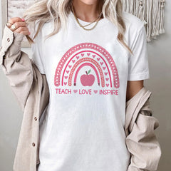 Sandjest Cute T-Shirt Teach Love Inspire Heart Pink Rainbow Gift for Teachers