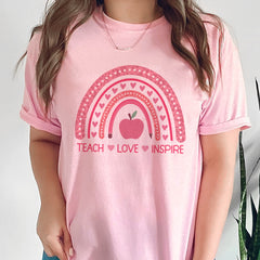 Sandjest Cute T-Shirt Teach Love Inspire Heart Pink Rainbow Gift for Teachers
