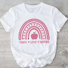 Sandjest Cute T-Shirt Teach Love Inspire Heart Pink Rainbow Gift for Teachers