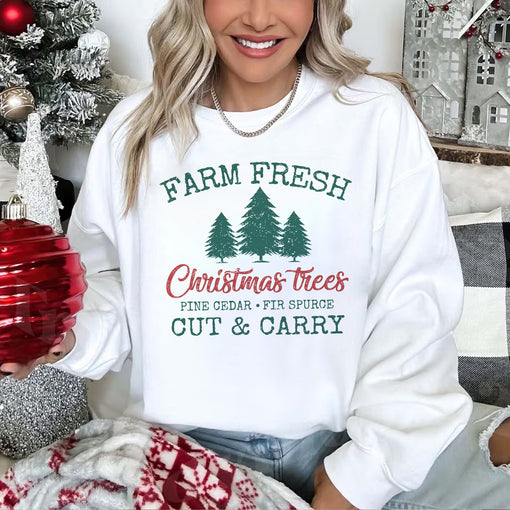 Sandjest Christmas Sweatshirt Farm Fresh Christmas Trees Gift for Women Girl Friend