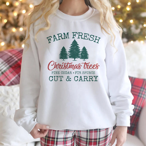 Sandjest Christmas Sweatshirt Farm Fresh Christmas Trees Gift for Women Girl Friend