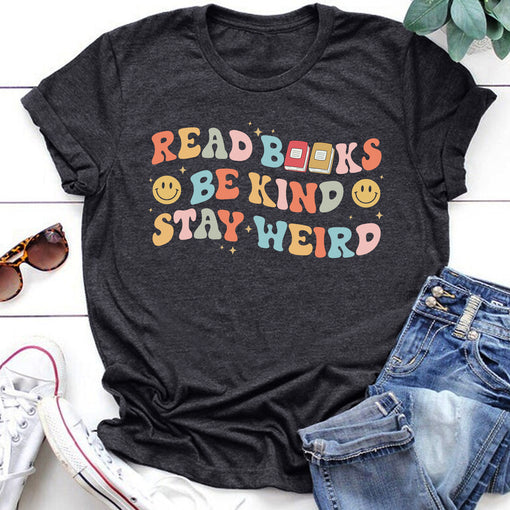 Sandjest Book Lover T-Shirt Read Books Be Kind Stay Weird Gift for Bookworm Librarian