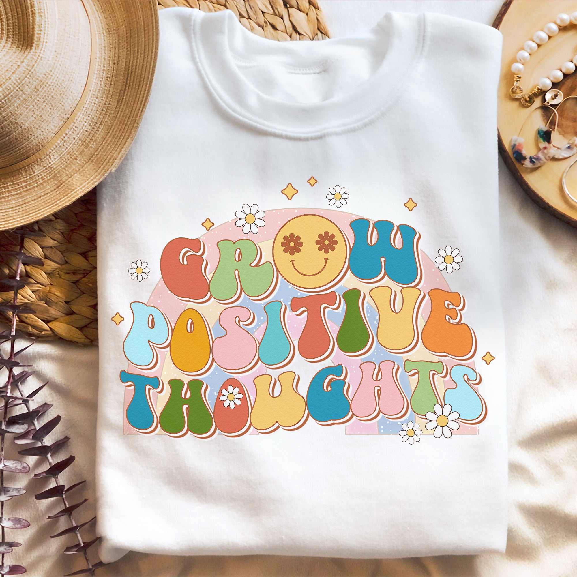 Sandjest Grow Positive Thoughts Inspirational Groovy Style Shirt for Women Girl Friends