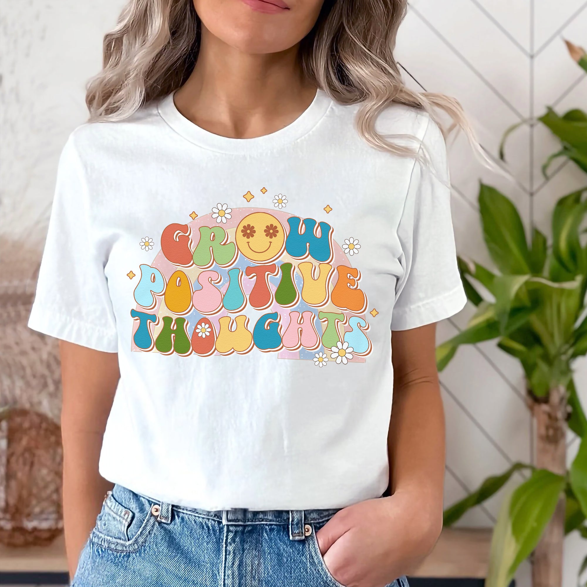 Sandjest Grow Positive Thoughts Inspirational Groovy Style Shirt for Women Girl Friends