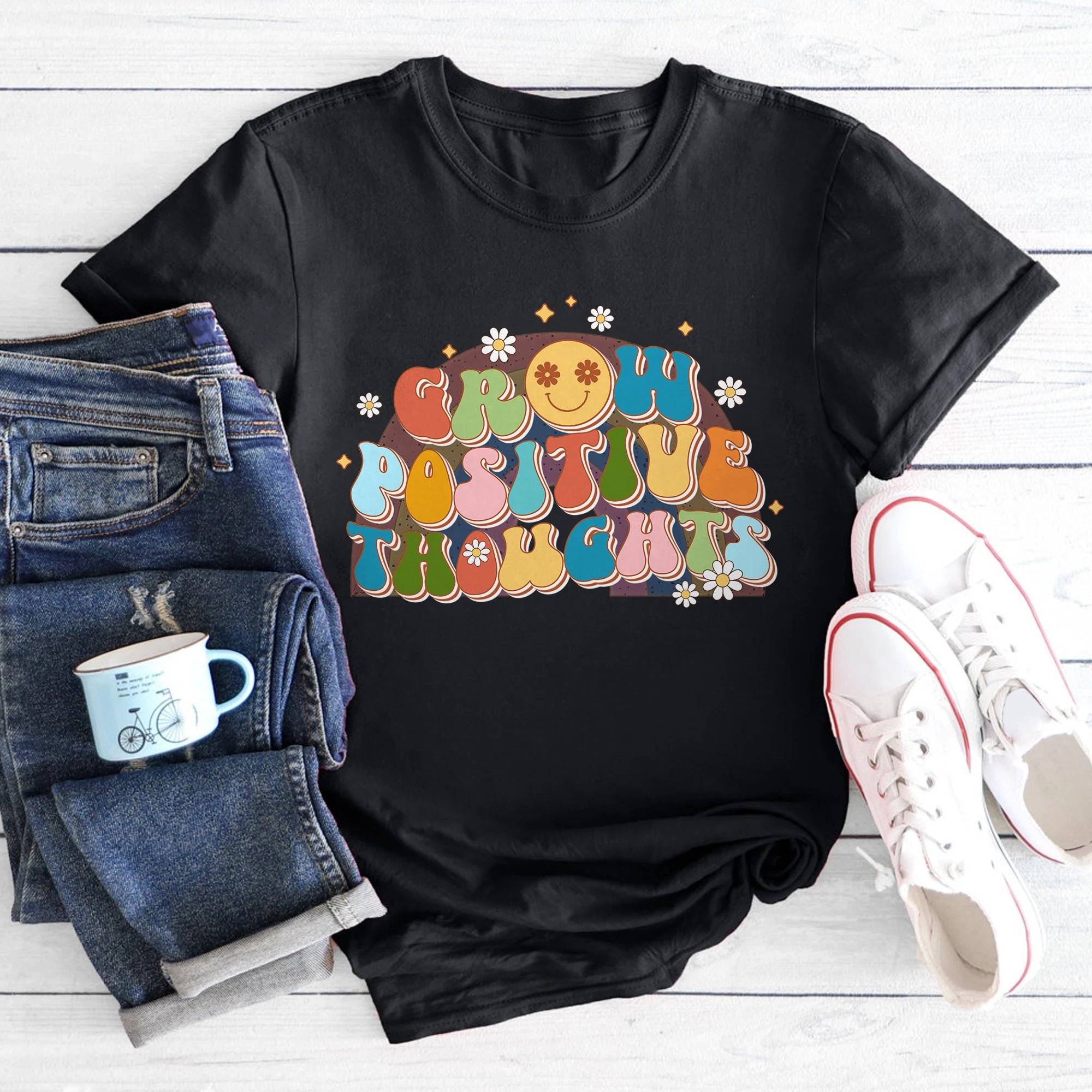 Sandjest Grow Positive Thoughts Inspirational Groovy Style Shirt for Women Girl Friends