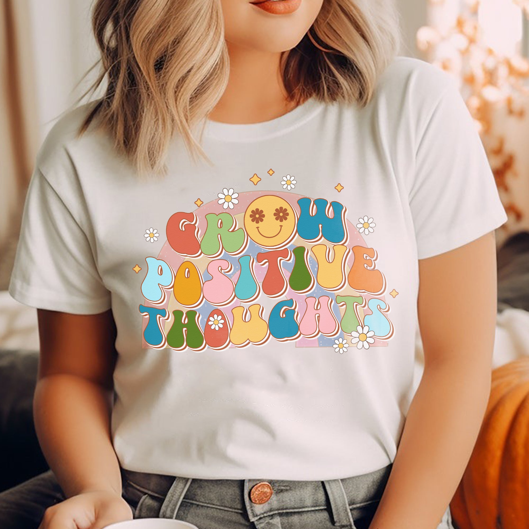 Sandjest Grow Positive Thoughts Inspirational Groovy Style Shirt for Women Girl Friends