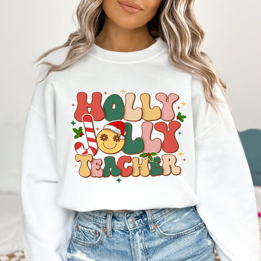 Sandjest Teacher Christmas Sweatshirt, Holly Jolly Teacher, Cute Christmas Holiday Class Party Sweatshirt, Christmas Gift for Teacher