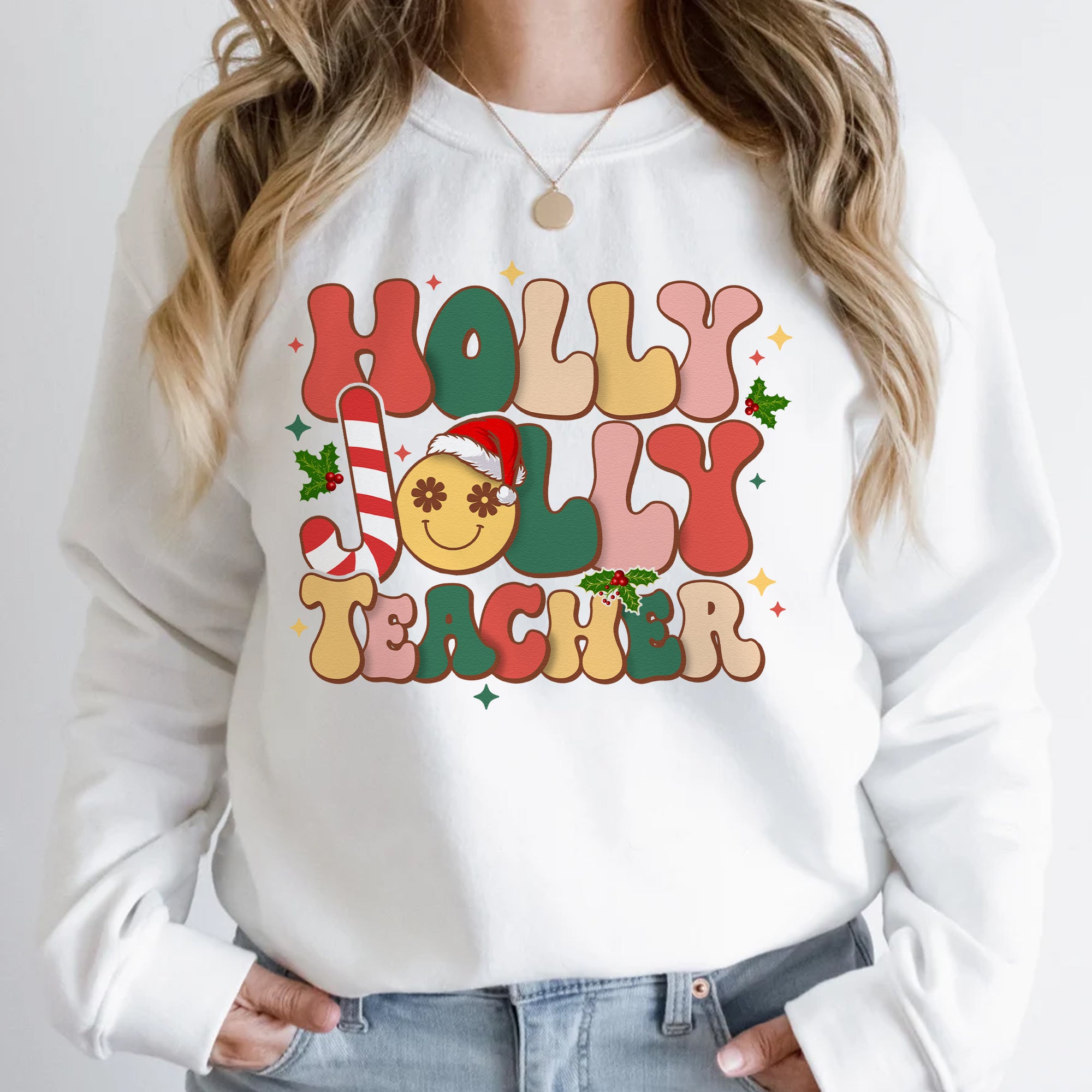 Sandjest Teacher Christmas Sweatshirt, Holly Jolly Teacher, Cute Christmas Holiday Class Party Sweatshirt, Christmas Gift for Teacher