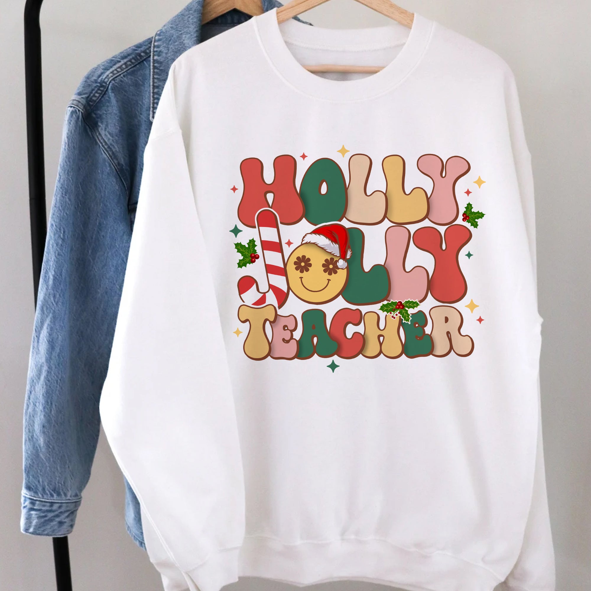 Sandjest Teacher Christmas Sweatshirt, Holly Jolly Teacher, Cute Christmas Holiday Class Party Sweatshirt, Christmas Gift for Teacher