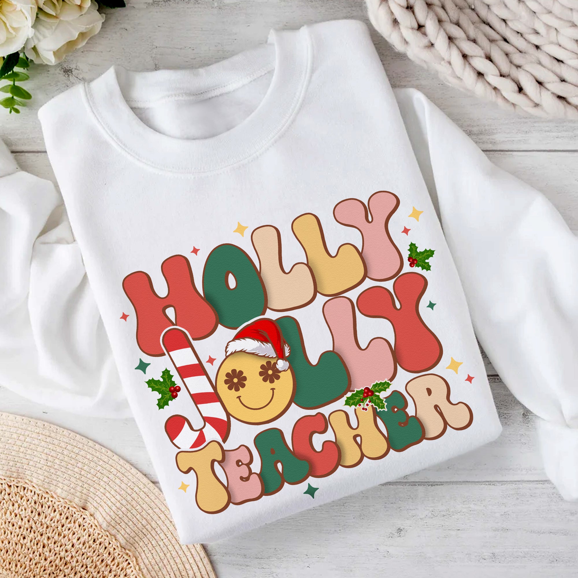Sandjest Teacher Christmas Sweatshirt, Holly Jolly Teacher, Cute Christmas Holiday Class Party Sweatshirt, Christmas Gift for Teacher
