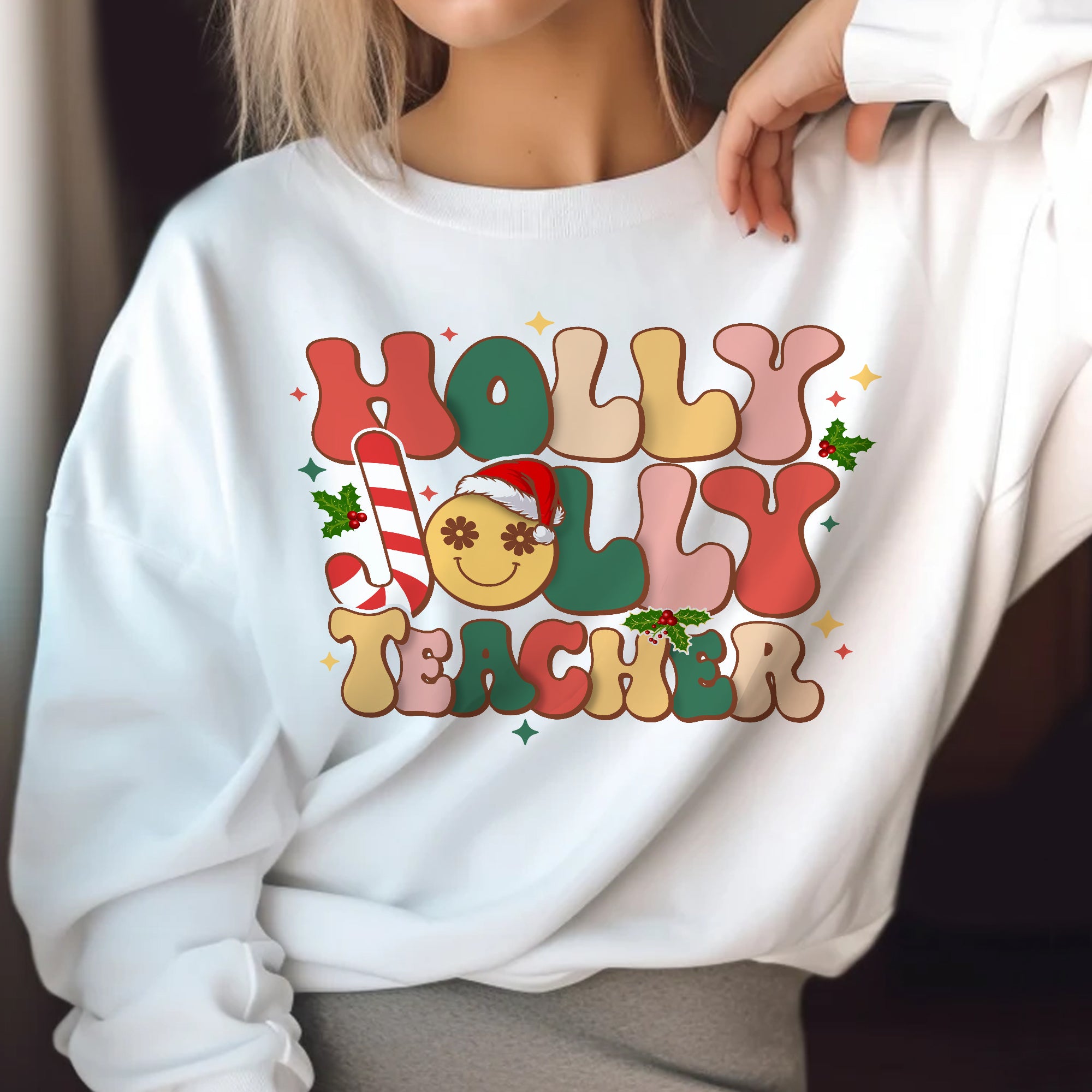 Sandjest Teacher Christmas Sweatshirt, Holly Jolly Teacher, Cute Christmas Holiday Class Party Sweatshirt, Christmas Gift for Teacher