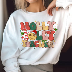 Sandjest Teacher Christmas Sweatshirt, Holly Jolly Teacher, Cute Christmas Holiday Class Party Sweatshirt, Christmas Gift for Teacher