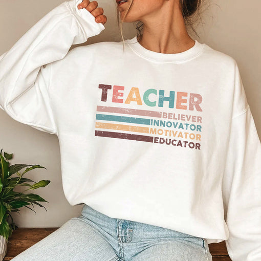 Sandjest Teacher T-Shirt Believer Innovator Motivator Educator Gift for Women Girl Friend