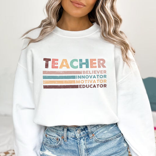 Sandjest Teacher T-Shirt Believer Innovator Motivator Educator Gift for Women Girl Friend