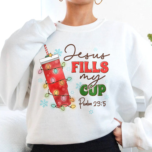 Sandjest Christmas Crewneck Sweatshirt Jesus Fills My Cup Gift for Bible Lover Christians