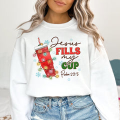 Sandjest Christmas Crewneck Sweatshirt Jesus Fills My Cup Gift for Bible Lover Christians
