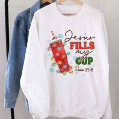 Sandjest Christmas Crewneck Sweatshirt Jesus Fills My Cup Gift for Bible Lover Christians