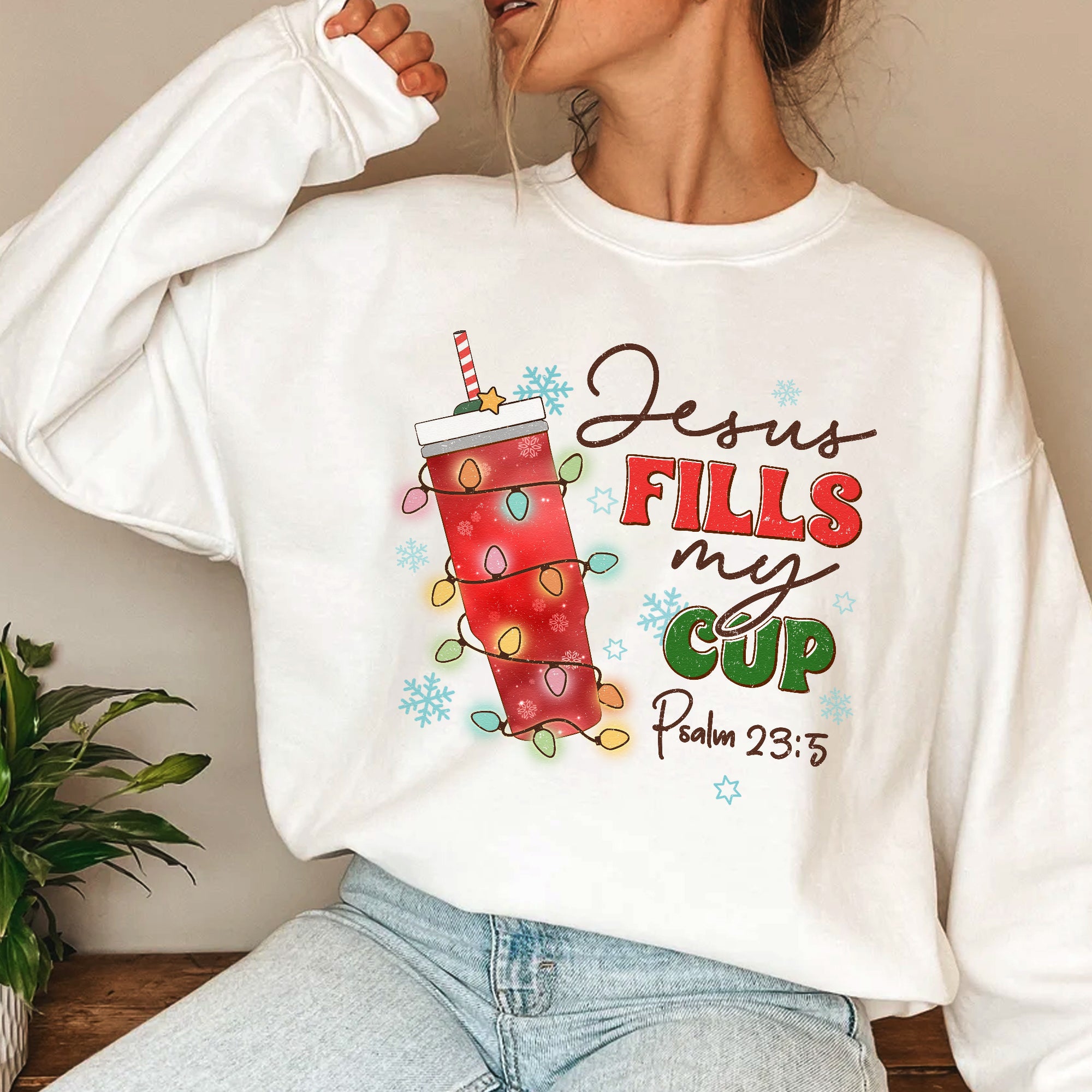 Sandjest Christmas Crewneck Sweatshirt Jesus Fills My Cup Gift for Bible Lover Christians