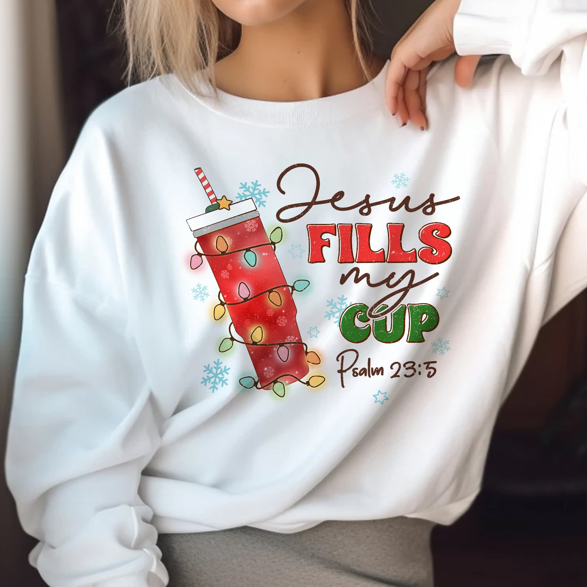 Sandjest Christmas Crewneck Sweatshirt Jesus Fills My Cup Gift for Bible Lover Christians