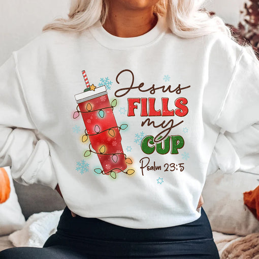 Sandjest Christmas Crewneck Sweatshirt Jesus Fills My Cup Gift for Bible Lover Christians