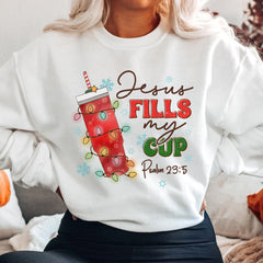Sandjest Christmas Crewneck Sweatshirt Jesus Fills My Cup Gift for Bible Lover Christians