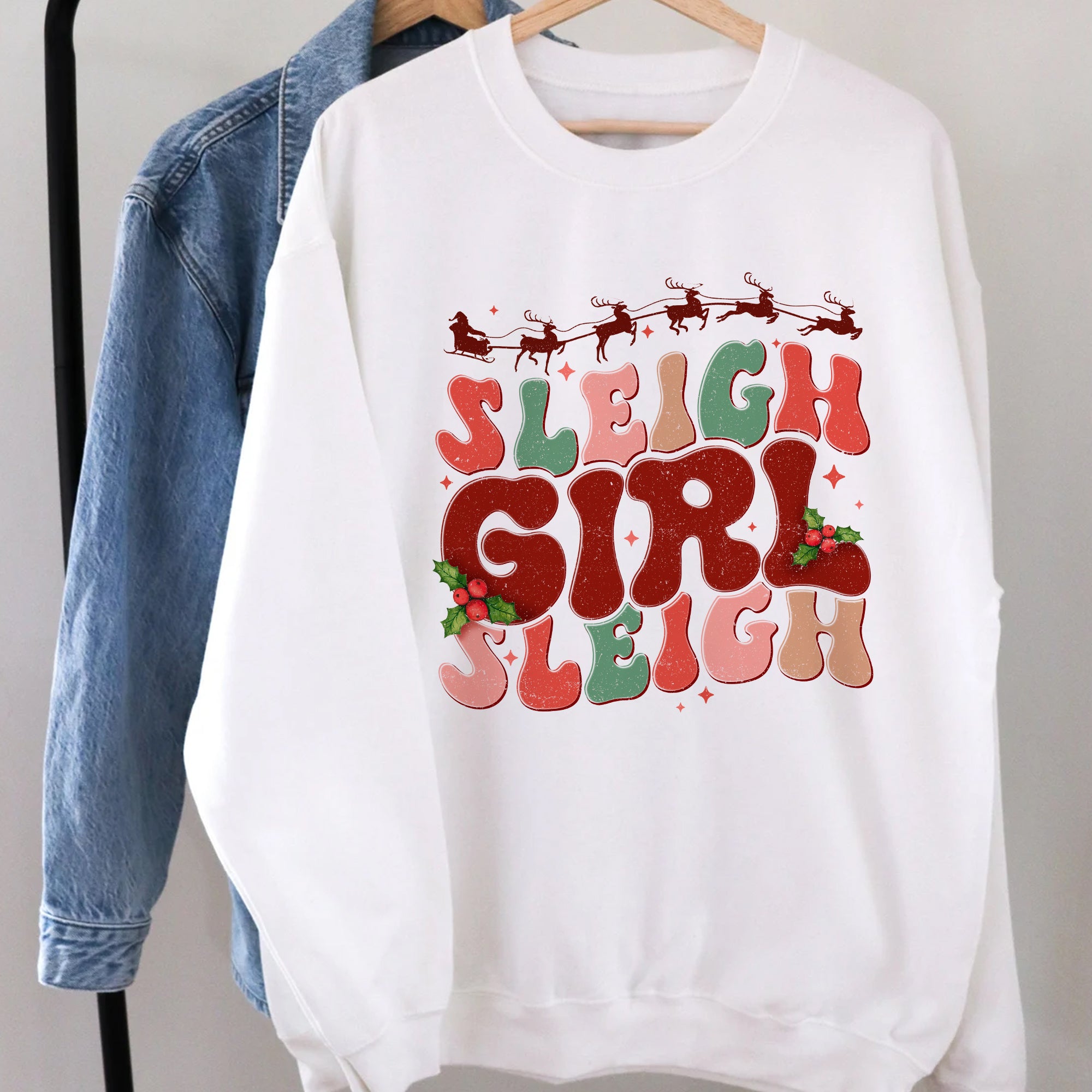 Sandjest Christmas Sweatshirt Sleigh Girl Sleigh Groovy Style Gift for Women Girl Friend