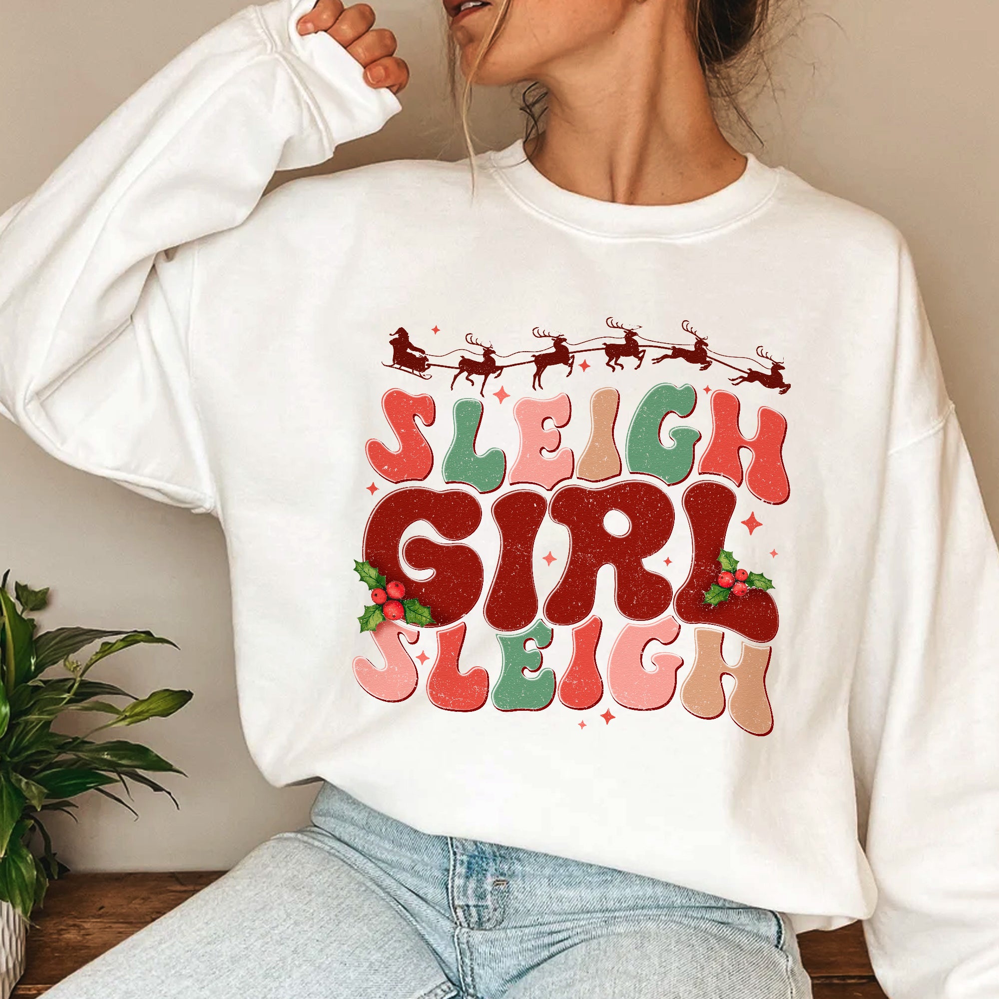 Sandjest Christmas Sweatshirt Sleigh Girl Sleigh Groovy Style Gift for Women Girl Friend