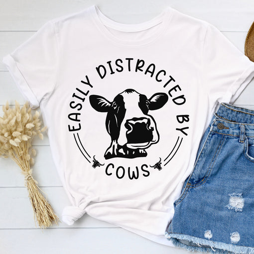 Sandjest Cow Lover T-Shirt Easily Distracted by Cows Gift for Women Girl Boy Men