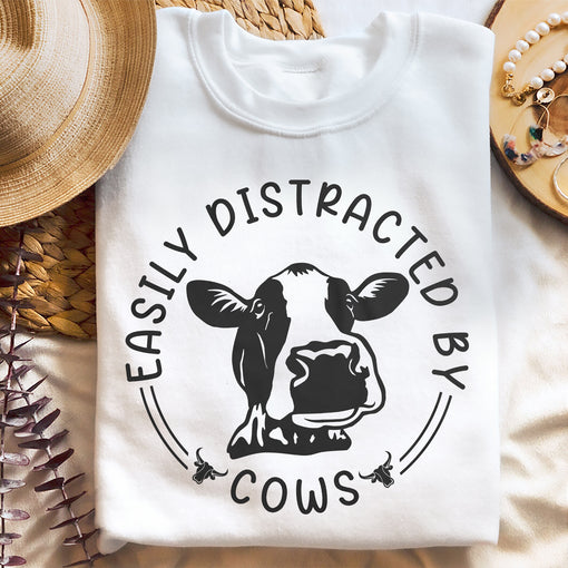 Sandjest Cow Lover T-Shirt Easily Distracted by Cows Gift for Women Girl Boy Men