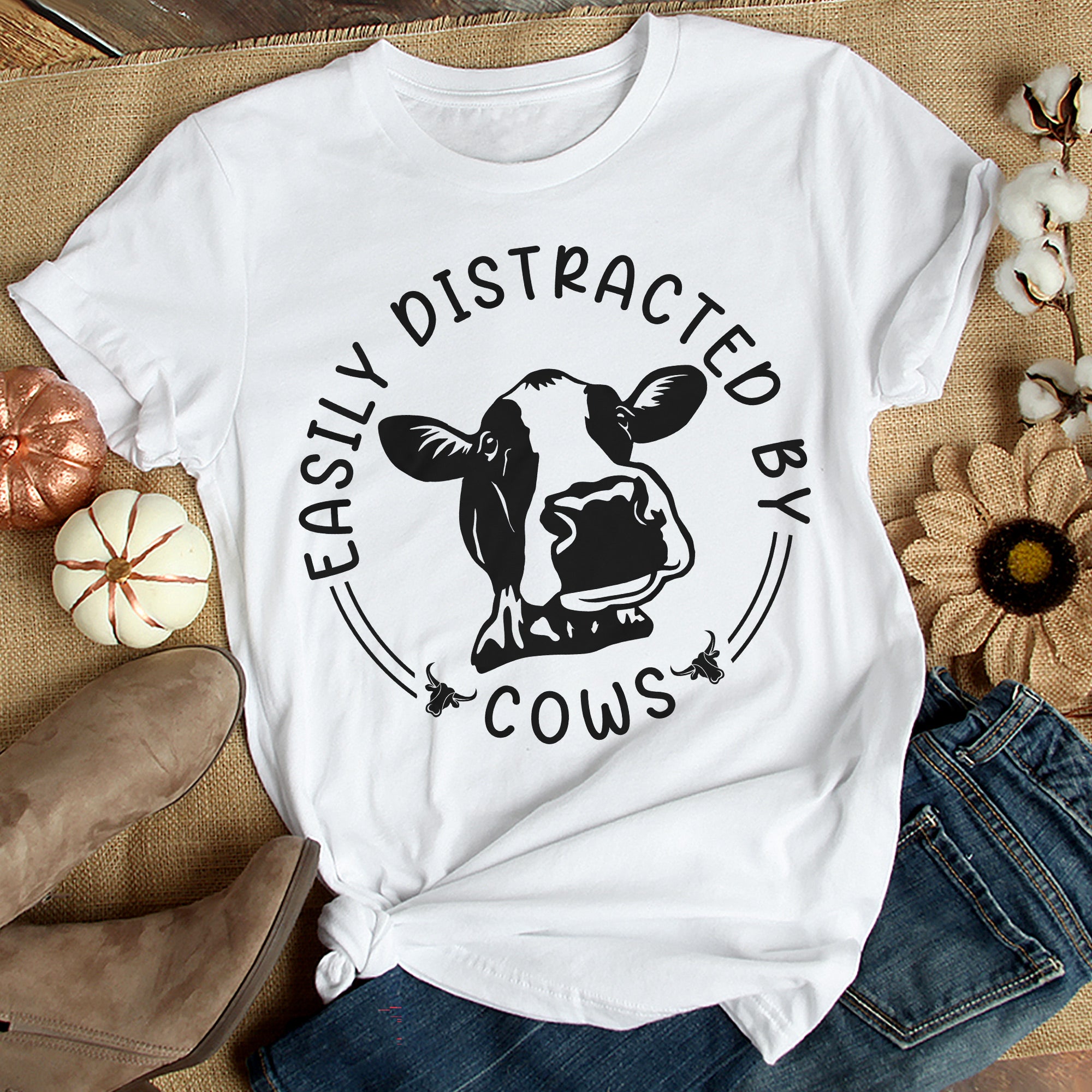 Sandjest Cow Lover T-Shirt Easily Distracted by Cows Gift for Women Girl Boy Men