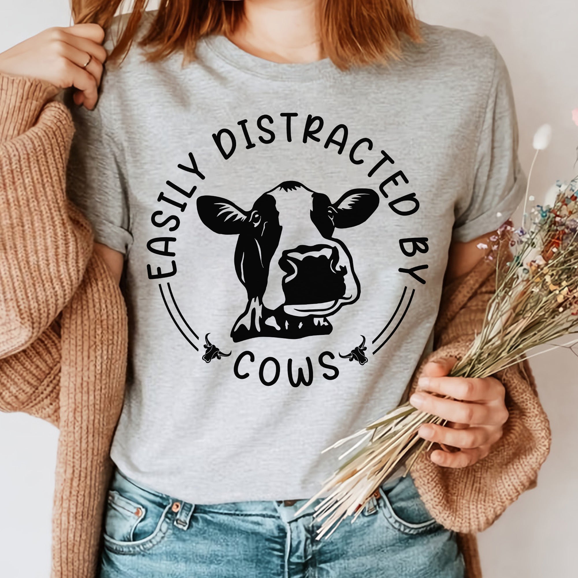 Sandjest Cow Lover T-Shirt Easily Distracted by Cows Gift for Women Girl Boy Men