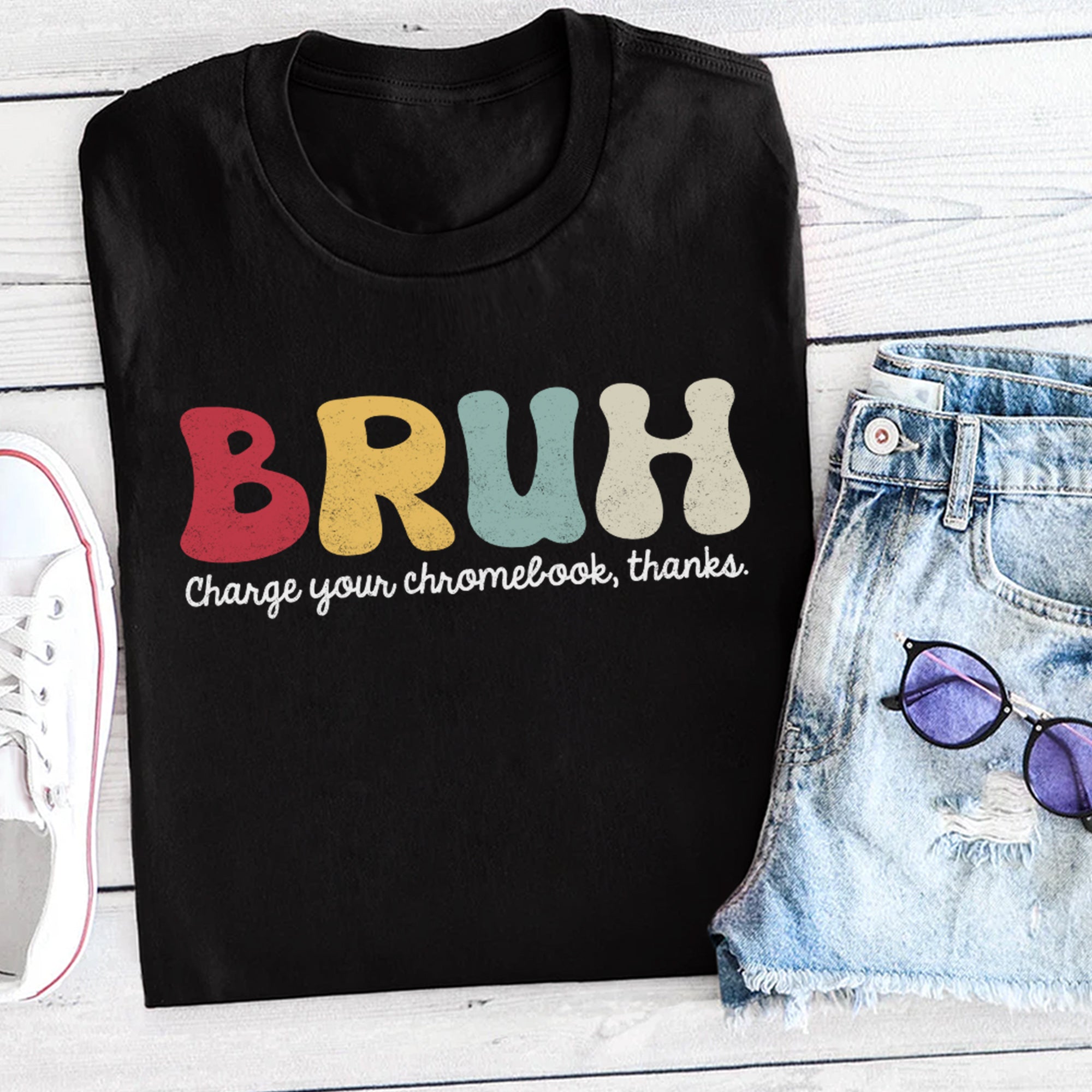 Sandjest Teacher T-Shirt Bruh Charge Your Chromebook Thanks Gift for Women Girl Friends