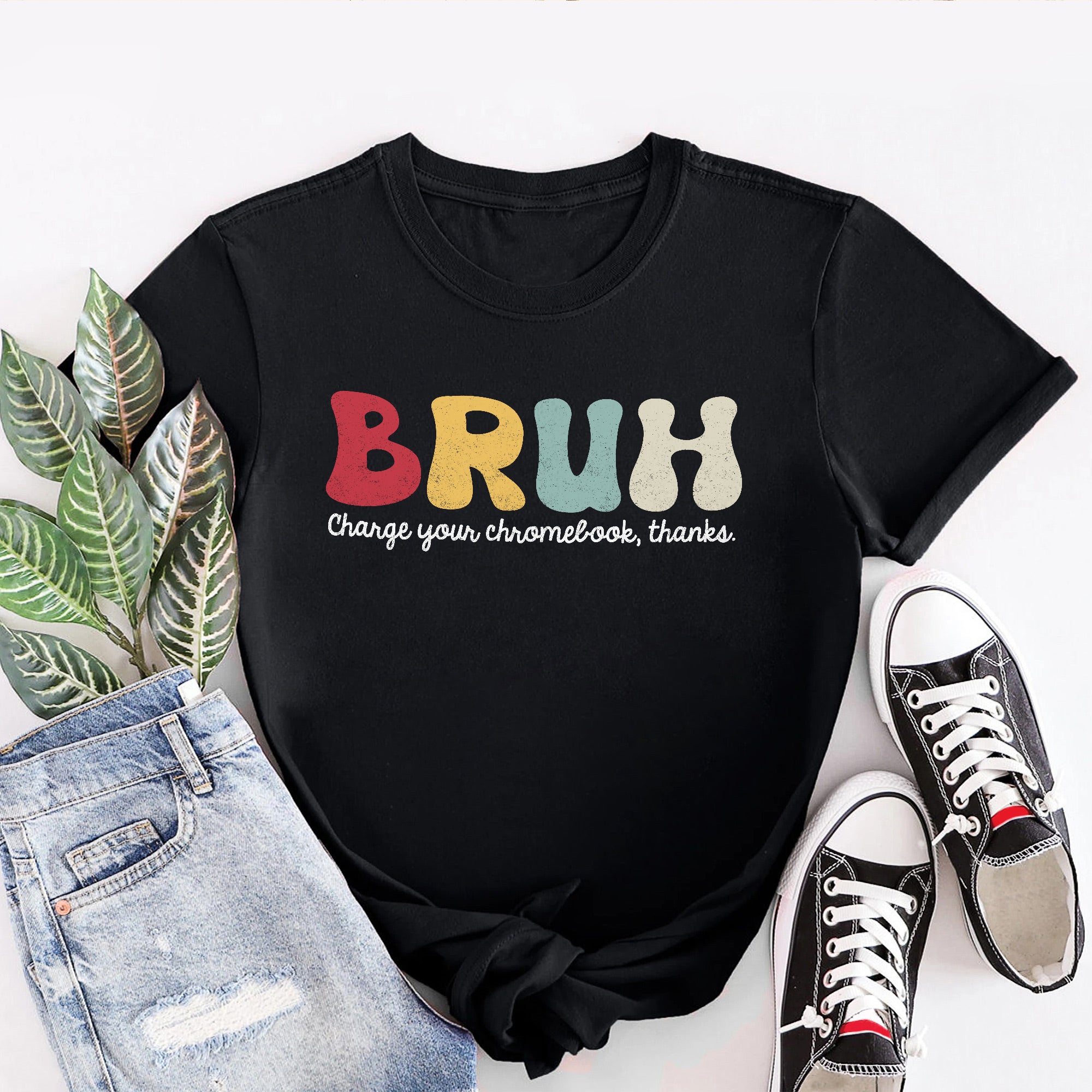 Sandjest Teacher T-Shirt Bruh Charge Your Chromebook Thanks Gift for Women Girl Friends