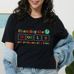 Sandjest Kindergarten Teacher T-Shirt Changing the World One Phoneme at a Time Gift for Friends Women Girl