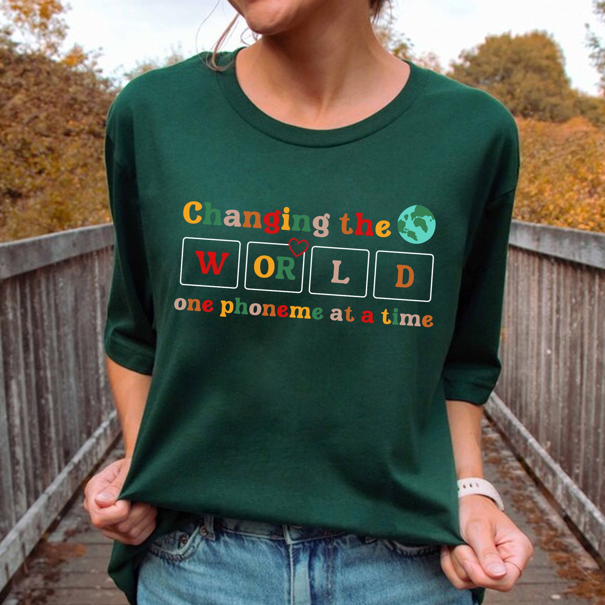 Sandjest Kindergarten Teacher T-Shirt Changing the World One Phoneme at a Time Gift for Friends Women Girl