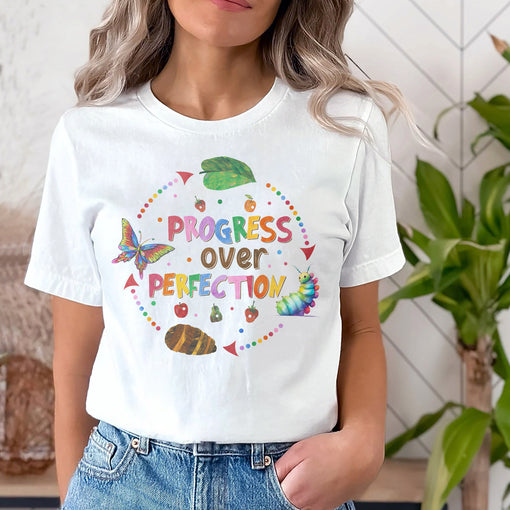 Sandjest Progress Over Perfection Teacher Shirt, Butterflies School Gift for Teacher, Happy First Day of School, Back to School, Funny Teacher T-Shirt